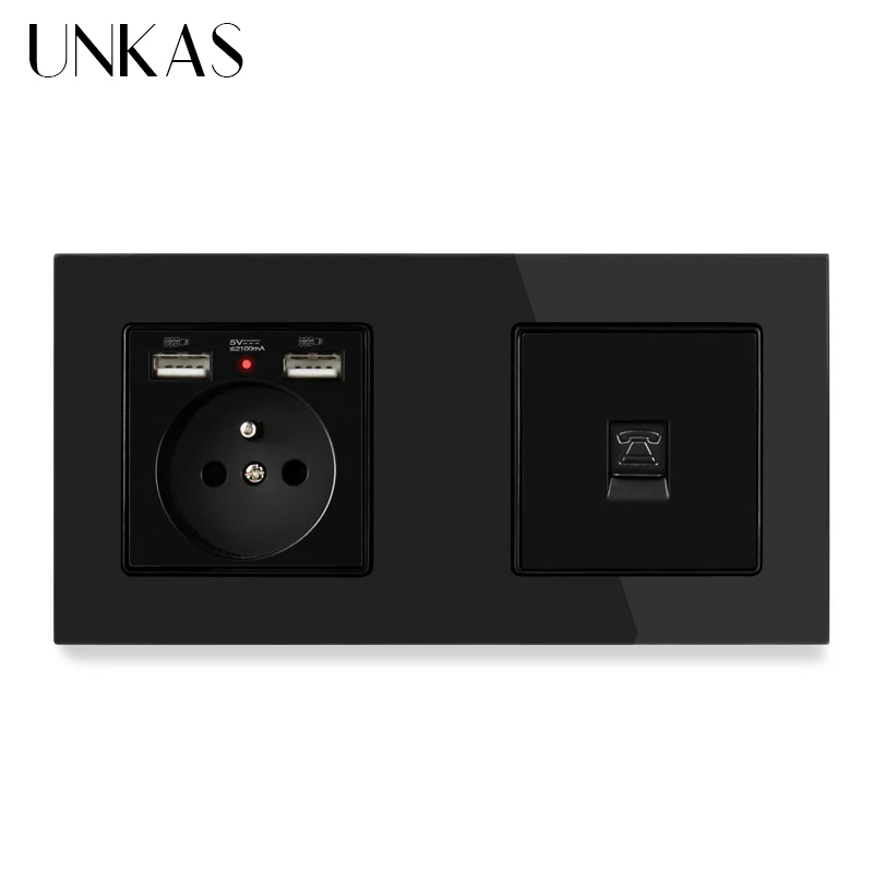 Французская стандартная электрическая розетка UNKAS с 2 USB портами для зарядки + 1