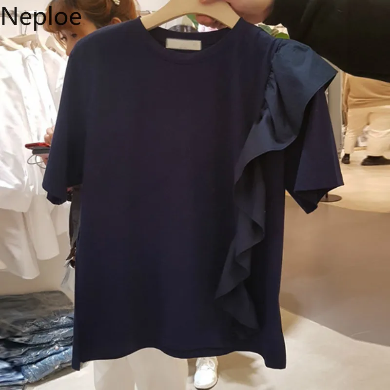 Женские Лоскутные Топы Neploe Свободные корейские однотонные хлопковые футболки с