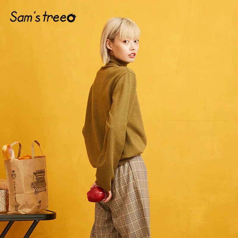 SAM'S TREE, однотонный пуловер с высоким воротом в минималистическом стиле, свитер для женщин, осень, длинный рукав, вязанный, Повседневный, для офиса, женские топы