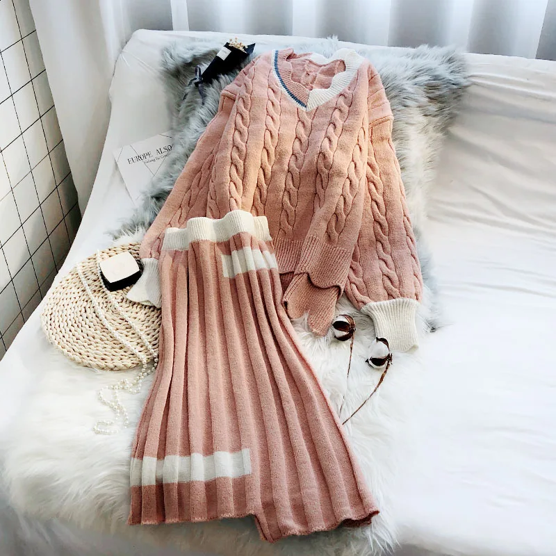 2019 женские зимние теплые комплекты из 2 частей юбок с v-образным вырезом и