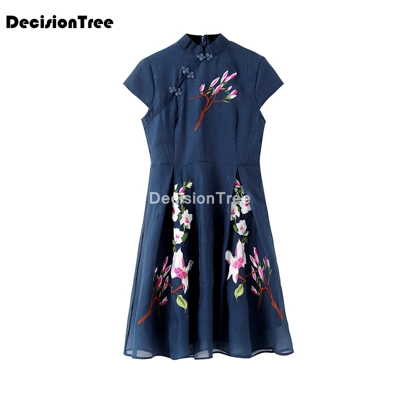 2021 китайское платье с коротким рукавом восточное Ципао цветочной вышивкой