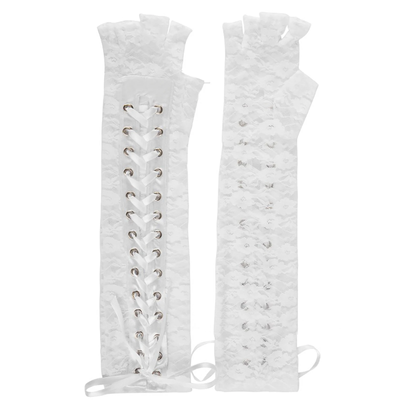 

1pair Women Satin Ribbon Fingerless Gloves Elegant For Wedding Summer Lace Up Costume Party Adjustable Long Elbow Anti UV