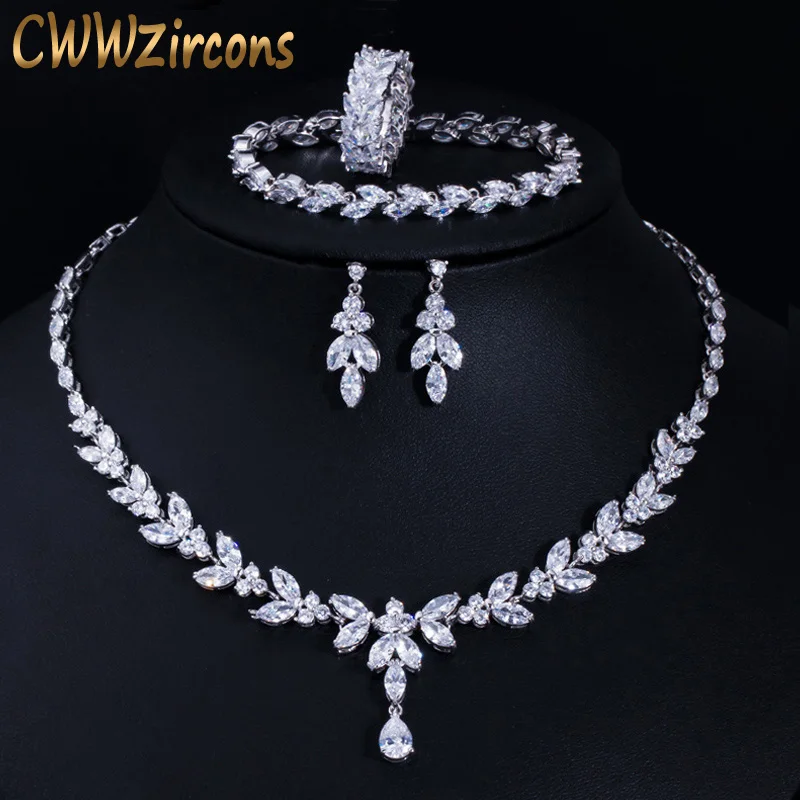 CWWZircons 4 шт. Блестящий кубический циркон ожерелье серьги кольцо и браслет свадебные ювелирные наборы Аксессуары для платья T344