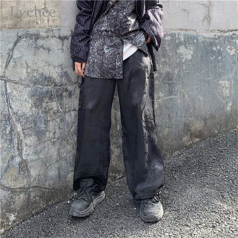

Lychee Harajuku Vintage Dragon Print Women Straight Pants Casual Loose High Waist Trousers Autumn Pants
