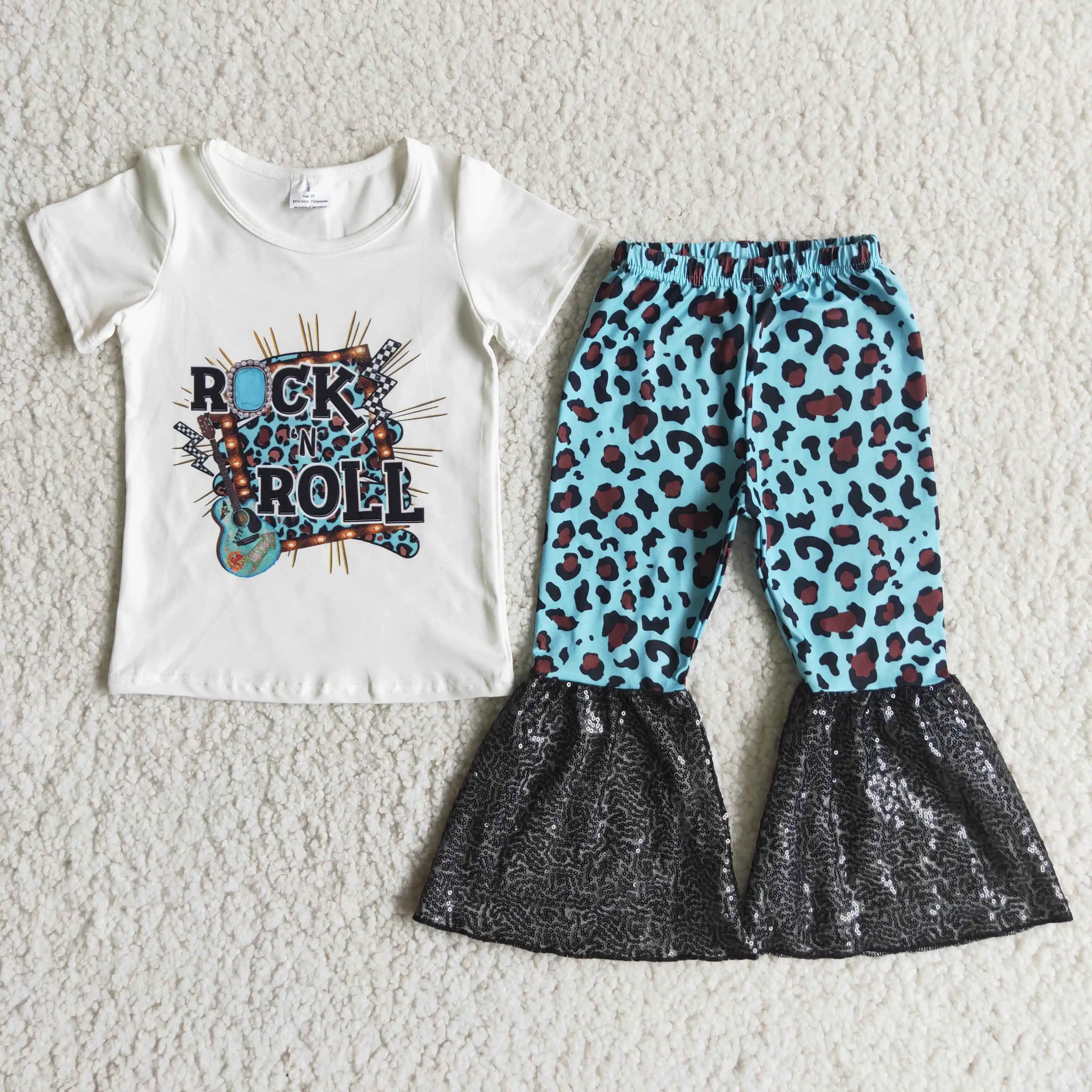 

Party Girl's Clothing Set Rock Print White T-shirt And Blue Leopard Print Sequined Bell Bottoms
