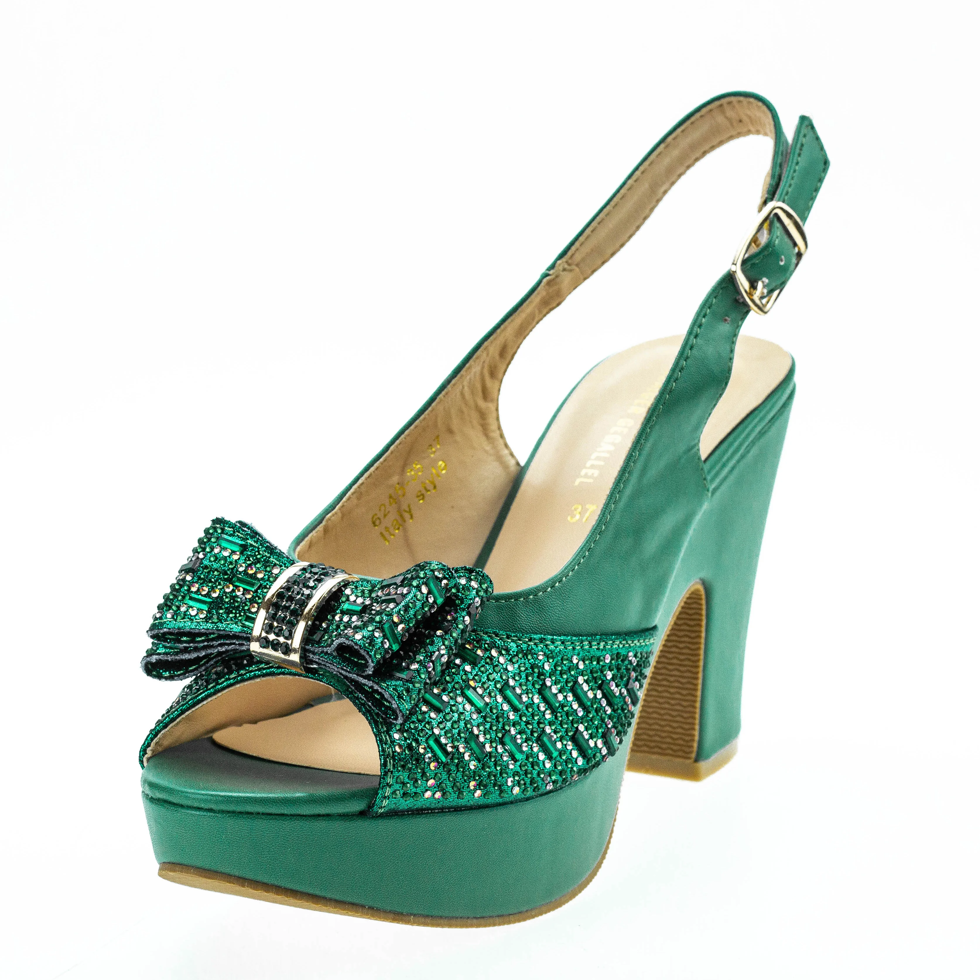 Bowknot Bling Bling Italy Sparkly Heels Sandals Summer Shoes Slingbacks Chunky Sandal Peep Toe Women Chunky Heels Pumps 6245-35