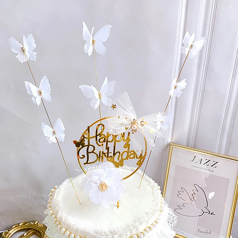 

Butterfly Happy Birthday Cake Topper Acrylic Decoration Flower Bowknot Handmade Fairy Girl Kids Party Baking Wedding Supplies