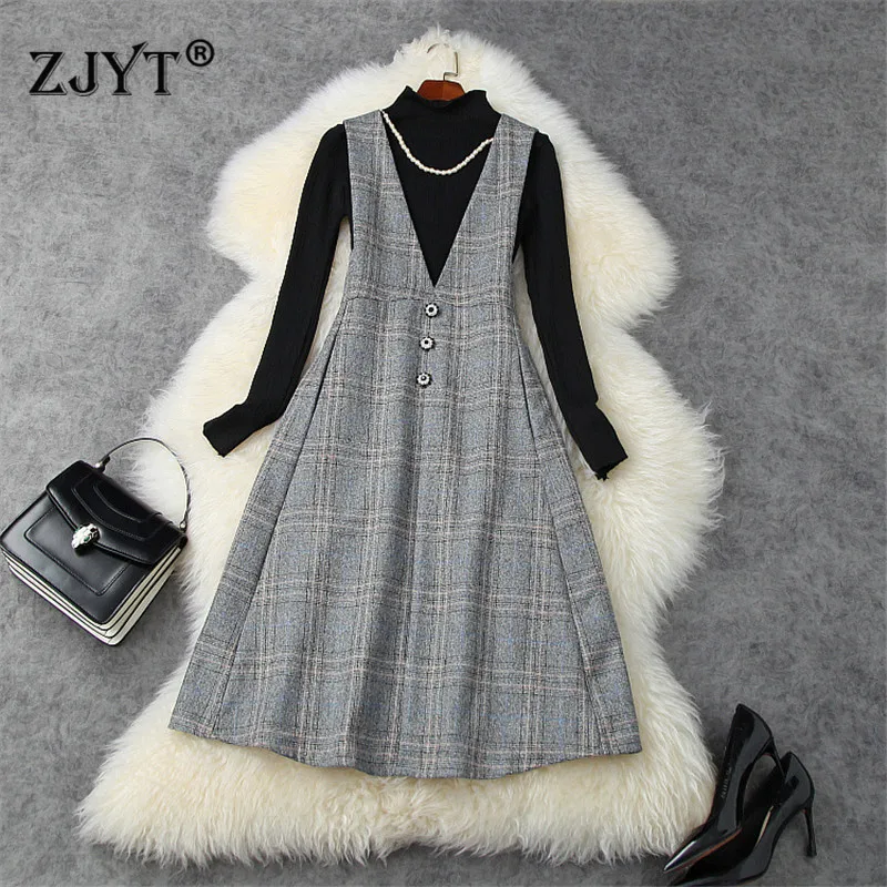 Женский пуловер с длинным рукавом трикотажный топ и клетчатое платье на бретелях