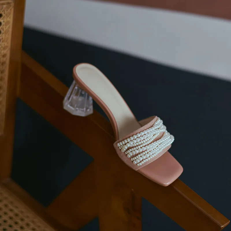

Transparent crystal thick heel sandals and slippers women summer new style pearl fashion square toe open-toe mid-heel slippers