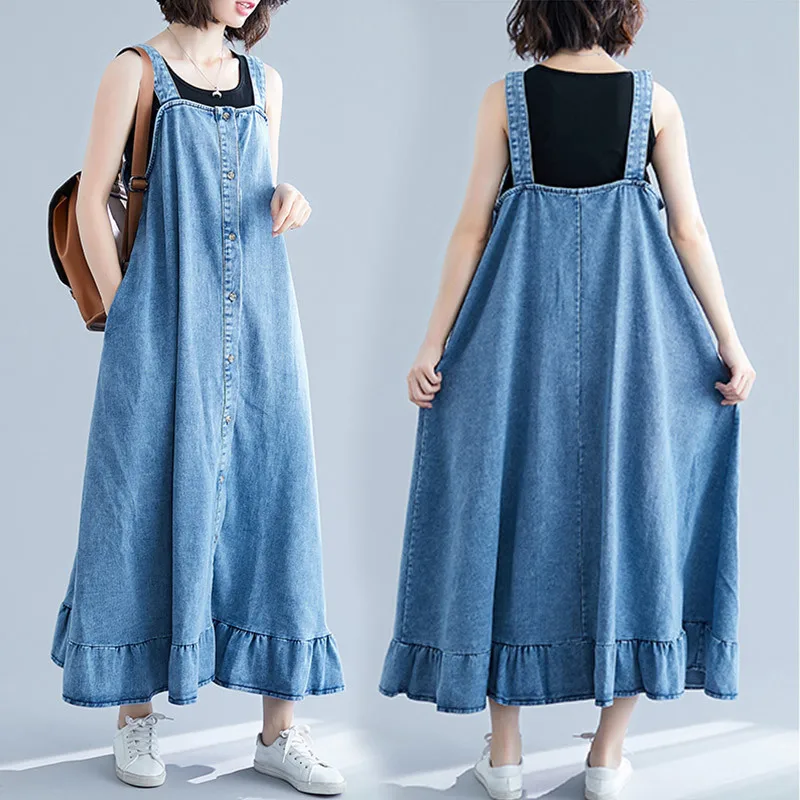 

Ladies Women Dress Denim Cotton Vest Sleeveless Femme Loose Female Vestidos 2021 Summer New Casual Ruffles Basic Dresses