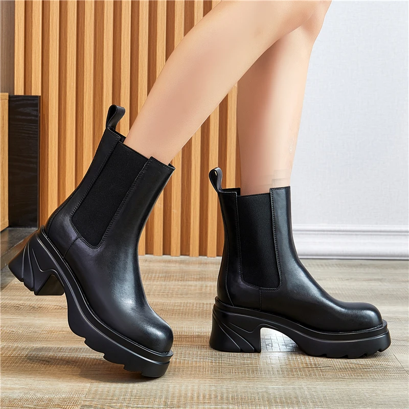 

FEDONAS 2021 Basic Concise Women Mid-Calf Boots Thick Heels Genuine Leather Round Toe Platforms Casual Shoes Woman Autumn Winter