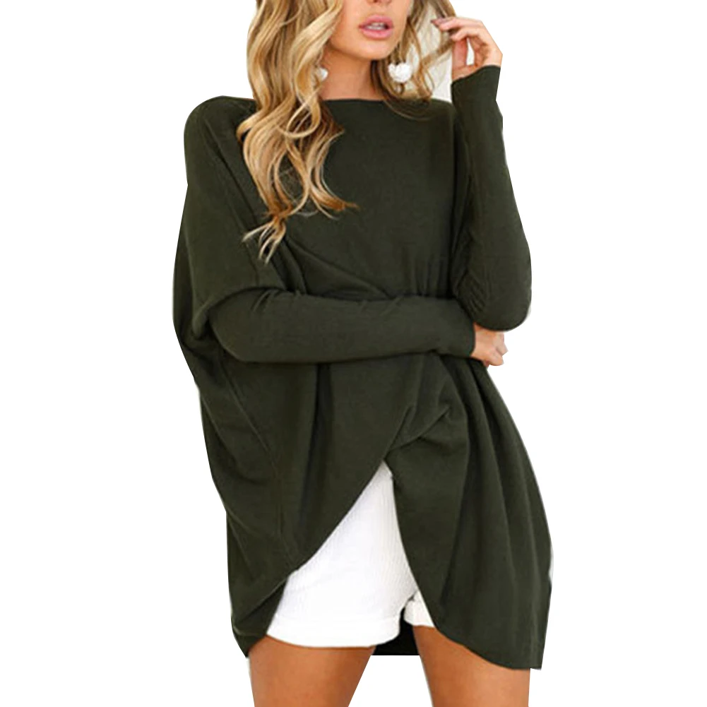 Женский Повседневный свободный однотонный пуловер с длинным рукавом и круглым