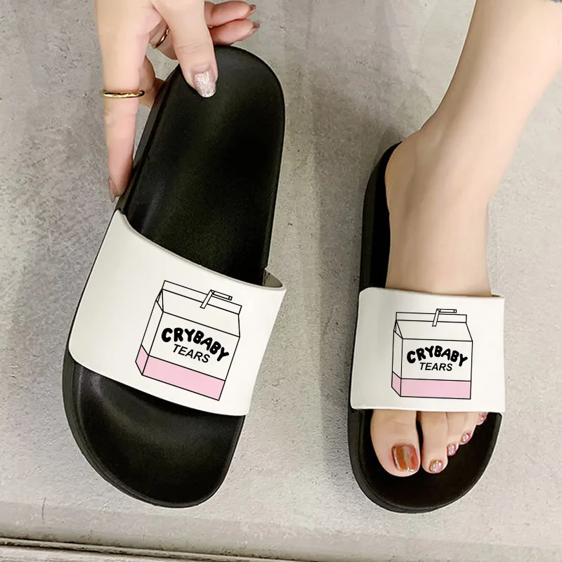 

2021 Sandals Women Summer Cute strawberry juice carton milk print Beach Slides Home Slippers Slip on sandals Female Shoes Flip F