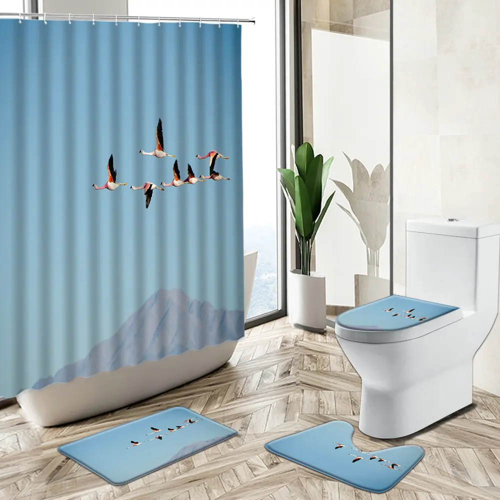 

Ocean Scenery Shower Curtain Swan Bird Animal Natural Landscape Home Bathroom Decor Non-Slip Rug Toilet Lid Cover Bath Mat Set