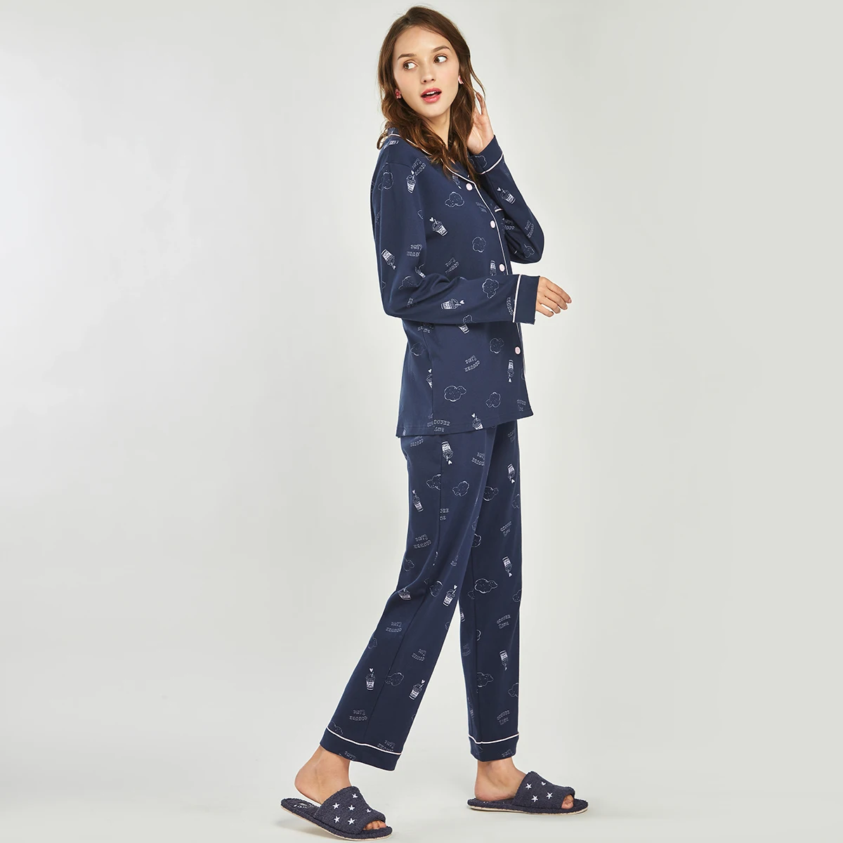 THREEGUN Women's Pajamas Set Cotton Turn Down Collar Autumn Winter Print Long Sleeves Trousers Loose Homewear Sleepwear Suit | Женская