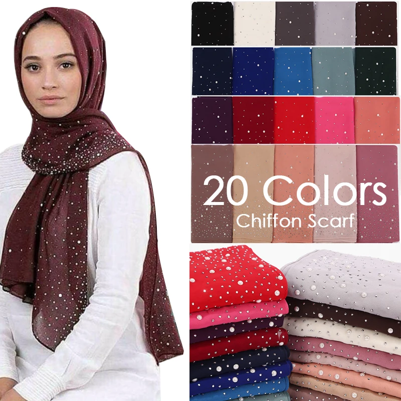 

New Women's Bubbles Chiffon Hijab Scarf Plain Diamond Beads Pearls Shawls Solid Color Islamic Muslim Wrap Headscarf Scarves