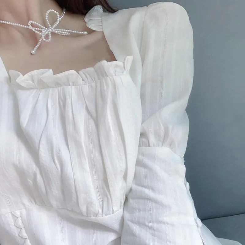 

One-piece Korean Style Women 2020 New White Chiffon Elegant Dress Women Casual Sweet Party Mini Dress Female Sleeve Fall Dresses