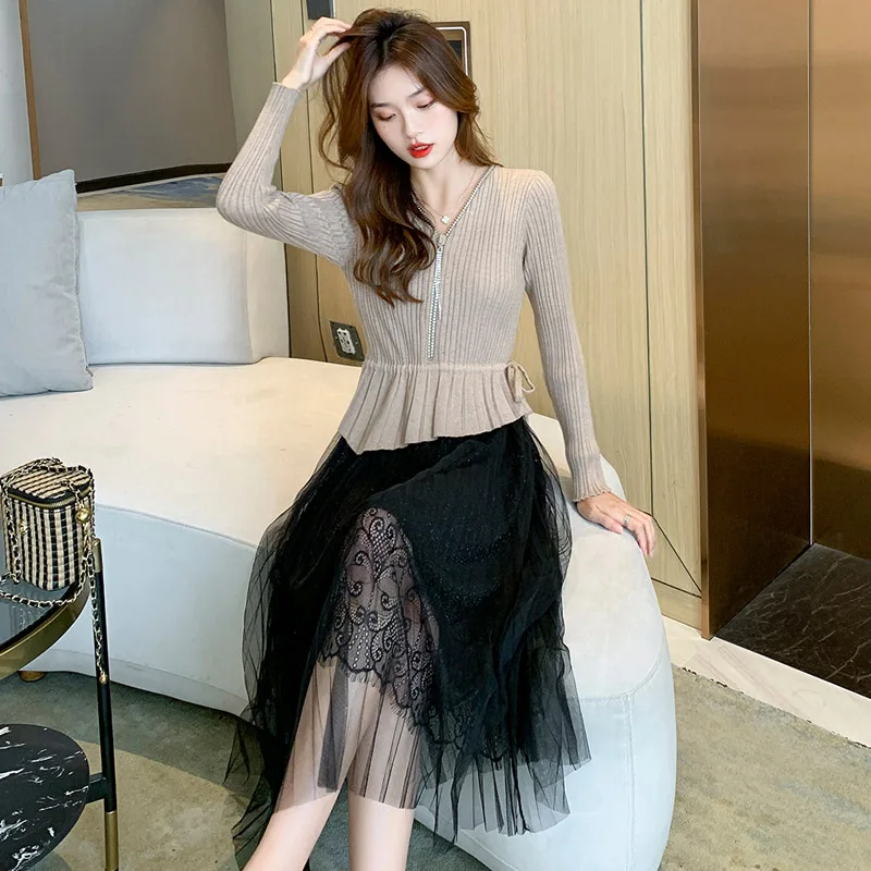 

Женское трикотажное платье в Корейском стиле, однотонное офисное платье составного кроя с длинным рукавом и V-образным вырезом, бордового, ч...