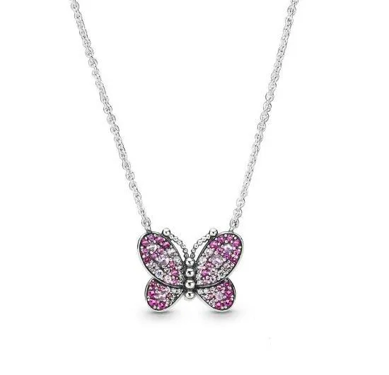 

925 Sterling Silver pan Necklace Dazzling Pink Butterfly Necklace For Women Wedding Gift Diy Jewelry