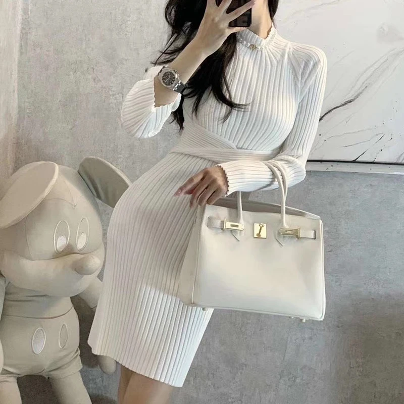

VGH Cross Sexy Dress For Women Stand Collar Long Sleeve Backless Slim Mini Knitted Elegant Dresses Female 2020 Fashion New Style