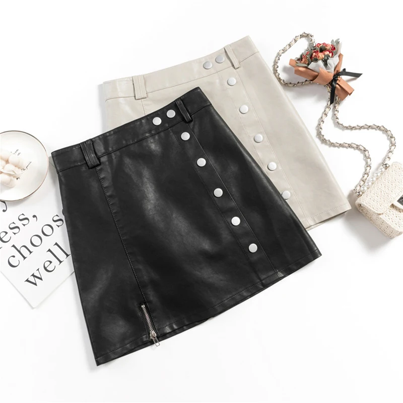 

Women PU Leather Skirt Sexy Mini Skirts Zipper A-line Package Hip High Waist Women Bottoms Autumn Winter Single Breasted Faldas