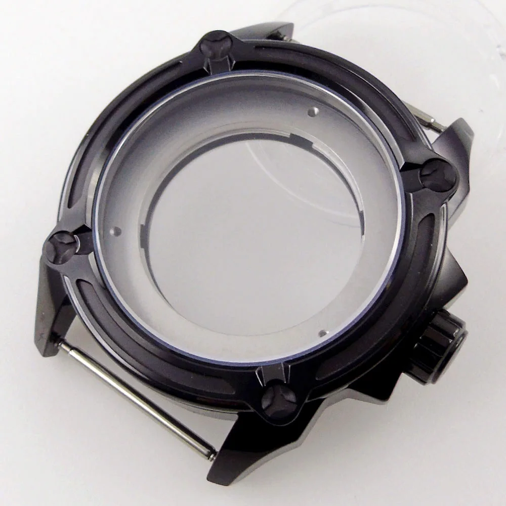 

PVD Black 44mm Watch Case fit MIYOTA 8215 821A ETA 2836 DG MINGZHU 2813 Glass Back Flat Fron Sapphire Glass