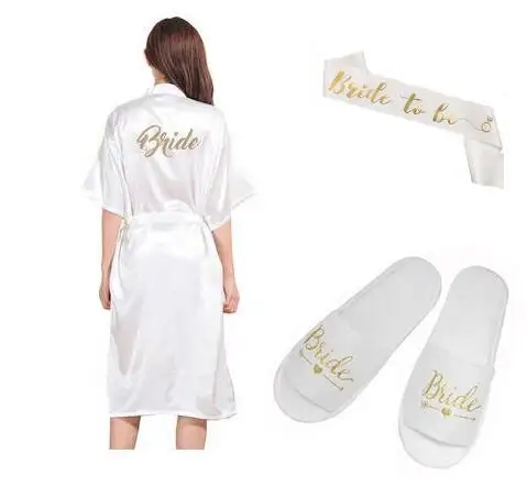 3pc set of rose gold foil printing bride satin short robe women slippers sash getting married Bridal Party 2019 kimono robes | Женская