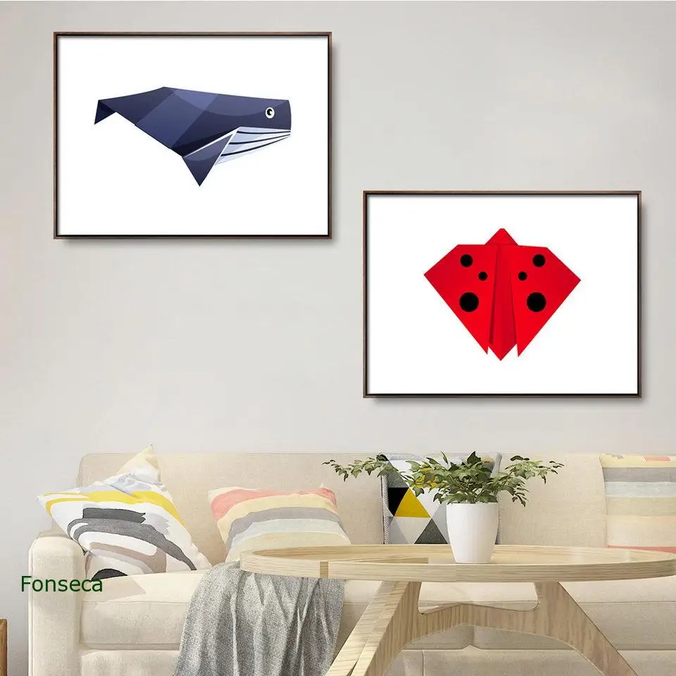 Modern Home Decoration Geometric Animals Canvas Painting Wall Art Picture Horizontal Origami Ladybug Pig Dog Fish Poster | Дом и сад