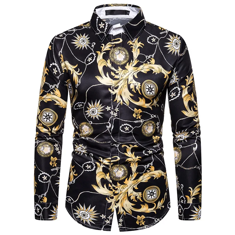 Luxury Royal Mens Shirts Casual Slim Fit Cross Gemstone Printed Long Sleeve Slim Fit Chemise Homme Men Prom Party Tuxedo Shirt