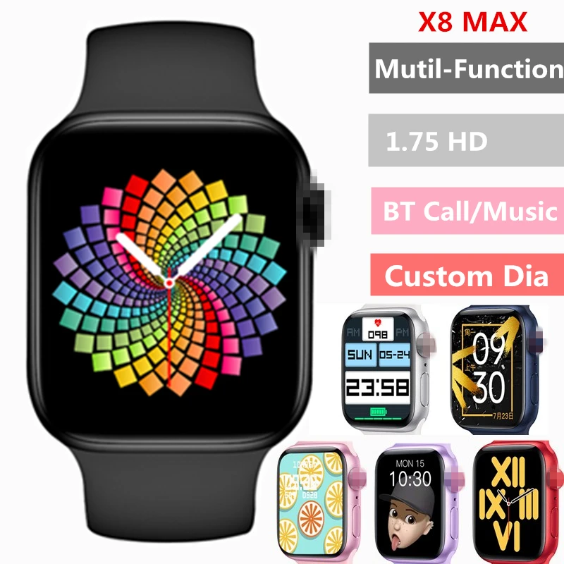

2021 оригинальные Смарт-часы X8 Max 1,75 дюйма с диагональю и поддержкой BT, спортивный монитор сна, пульсометр, мужские и женские Смарт-часы iwo PK iwo13