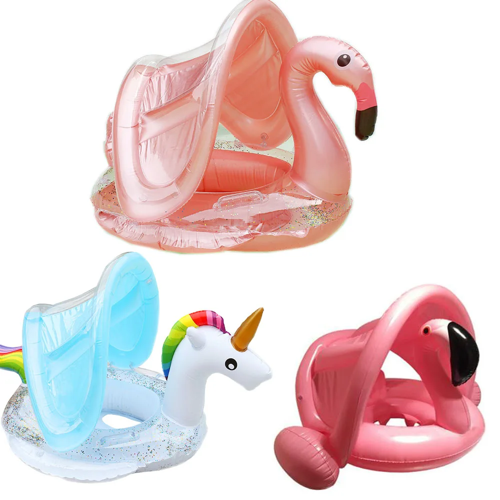 

Flamingo Unicorn Inflatable Circle With Sunshade Baby Infant Float Pool Swimming Ring Floating Seat Summer Beach Party Pool Toys