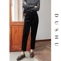 dushu plus size corduroy black pants capri women casual streetwear skinny pencil pants autumn winter elegant high waist trousers