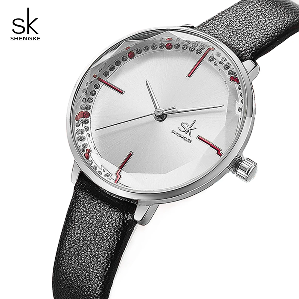 

Shengke Women Watch Fashion Leather Buckle Strap Cut Surface Dial Waterproof and Shock Resistant Ladies Quartz Wristwatch K8048