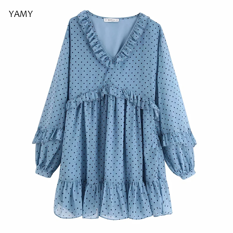 Новое поступление Каскадное синее платье с оборками Kawaii узор в горошек свободное