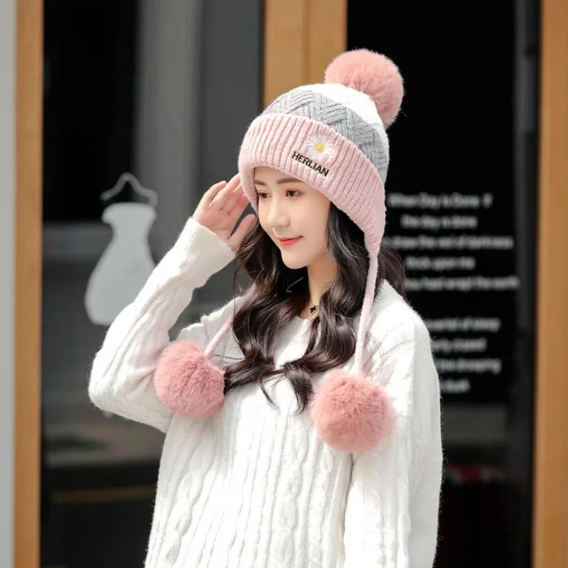 Новинка 2020 зимние вязаные шапки женские с помпоном в стиле пэчворк шапки-ушанки