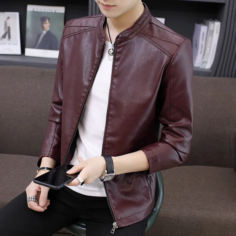 

Men Leather Jacket PU Leather Jacket Male Red wine Leather Motorcycle Jacket Coats Mens Clothing Faux Leather Coat Black M-4XL