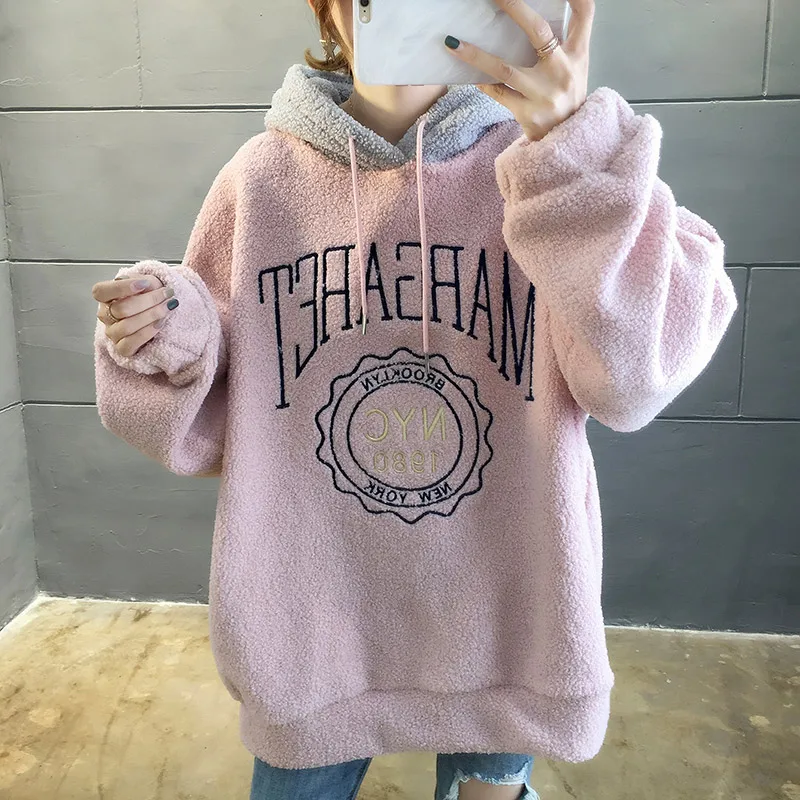 

Winter Oversized Hoodies For Women Fleece Hoodie Sweatshirt Loose Lantern Sleeve Sweatshirts Color Matching Hoody Pullover