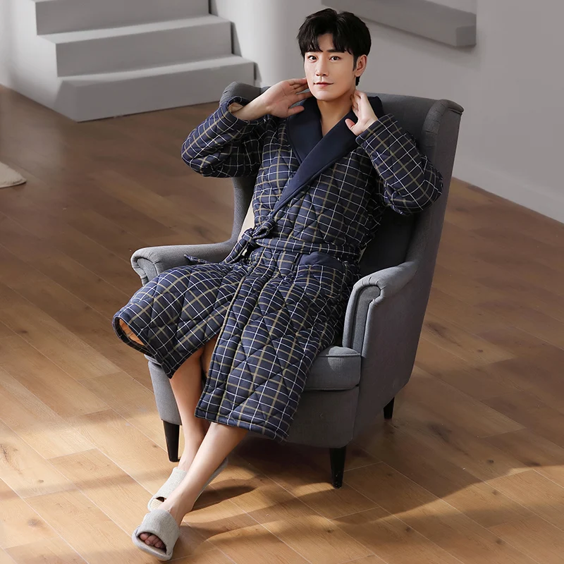 Winter Robe Thick Warm Men's 3 Layer Cotton Robe Long Sleeve Comfortable Soft Plaid Male Bathrobe L-XXXXL