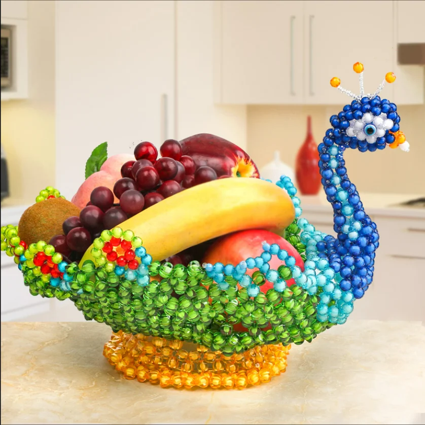 Сделай Сам, ручная работа, бусины, павлин, фруктовая чаша, рассыпчатые бусины, тканая фруктовая чаша для гостиной