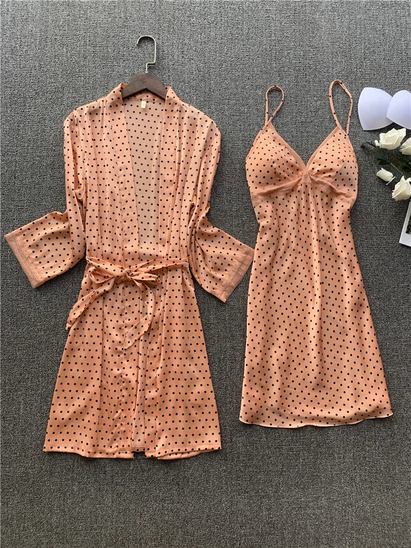 Женский Атласный халат кимоно с принтом в горошек комплект свадебного банного