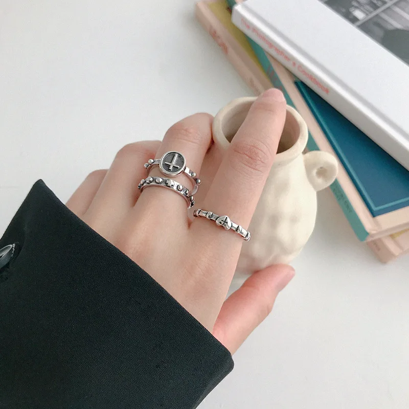 

Korean Version Hot Sale 100% 925 Sterling Silver Ring Cross Shape Retro Style Trend Hand Rings Woman Female Fine Jewelry