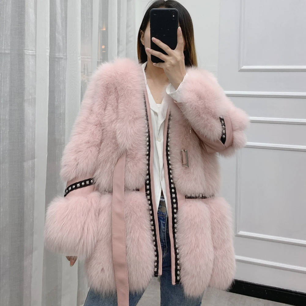 

2020 New Winter Ladies Luxury Natural Fox Fur Sheepskin Patchwork Women's Jackets with Rivets Coat Multicolor outwear