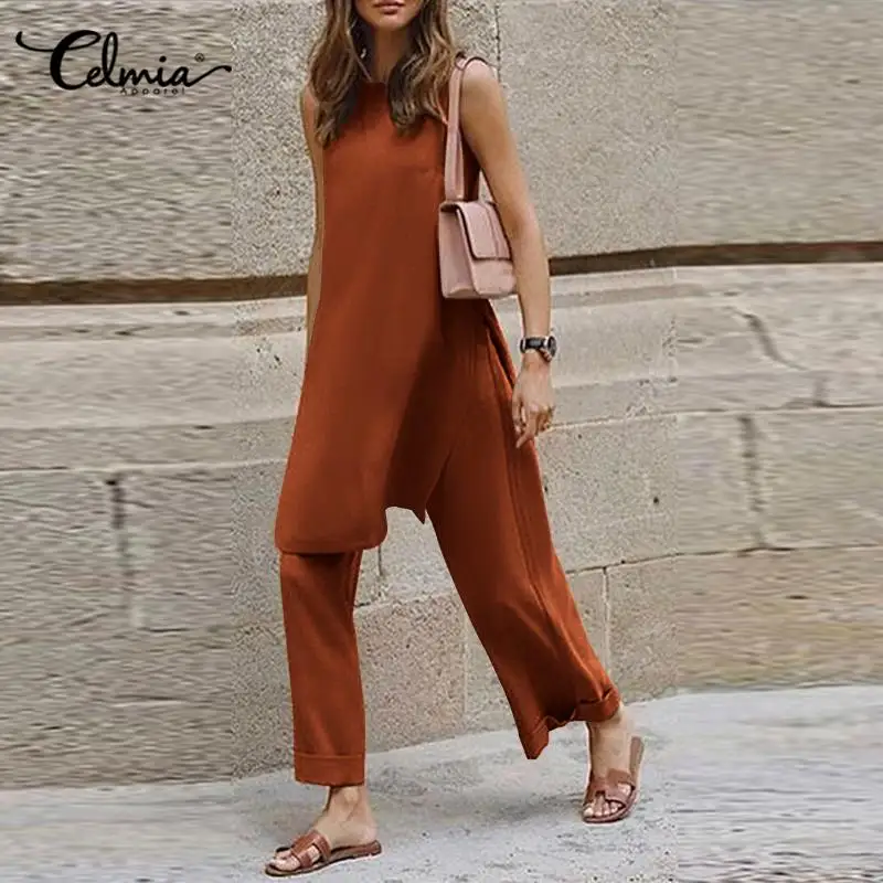 

Casual 2pcs Sets Celmia Women Street Pant Sets Fashion Asymmetrical Side Slit Sleeveless Long Tank Top Folding Wide Leg Trousers