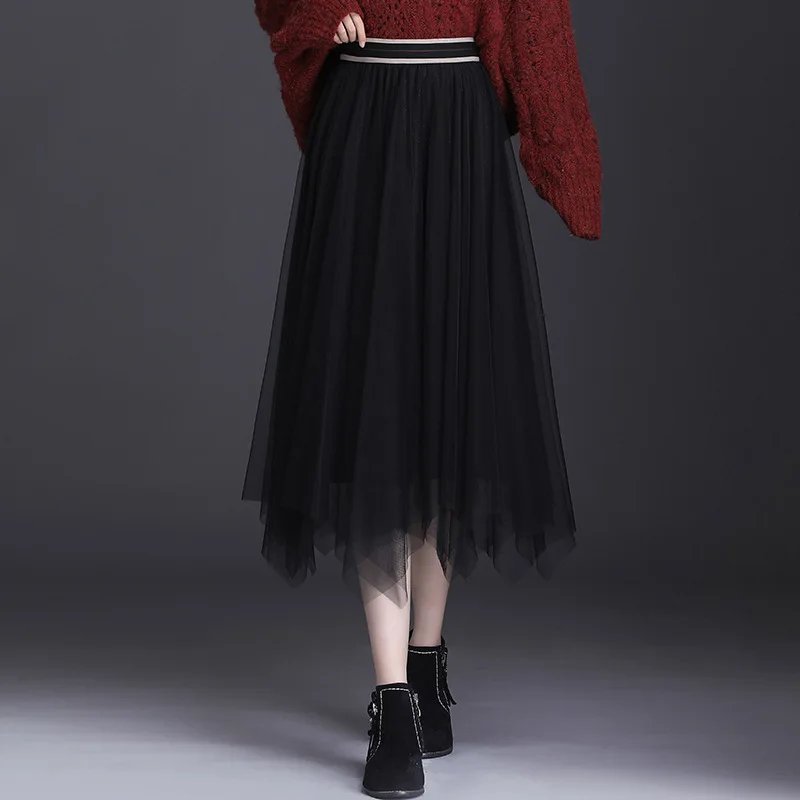 

Autumn Winter New Both Side Wear Mesh Pleuche Long Pleated Skirt for Women Elegant Korean Fashion Loose Casual Woman Skirts 9087