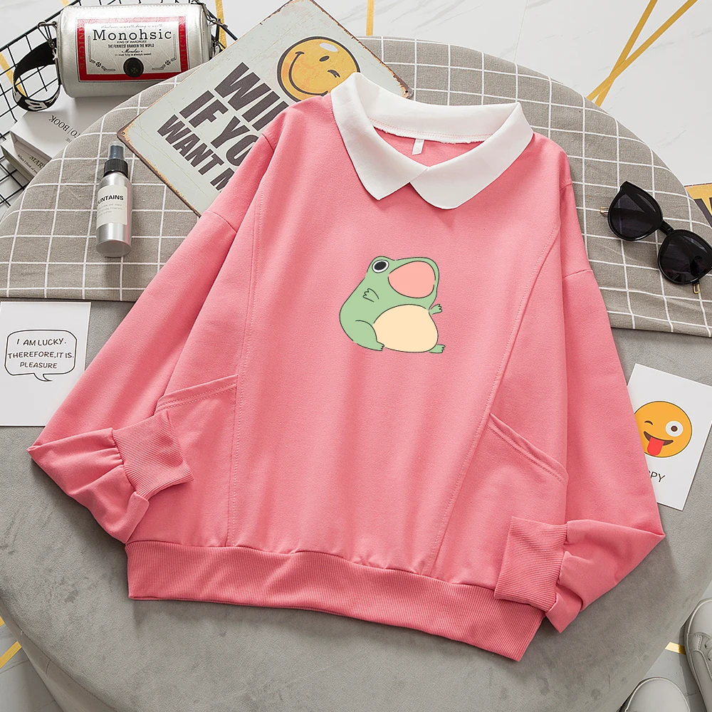 Cute Sweatshirt No Hood Sweetshirt Kpop Clothes Hoodies Kawaii Frog Printing Cotton Thin Long Sleeve Shirt with Hoodie for Women