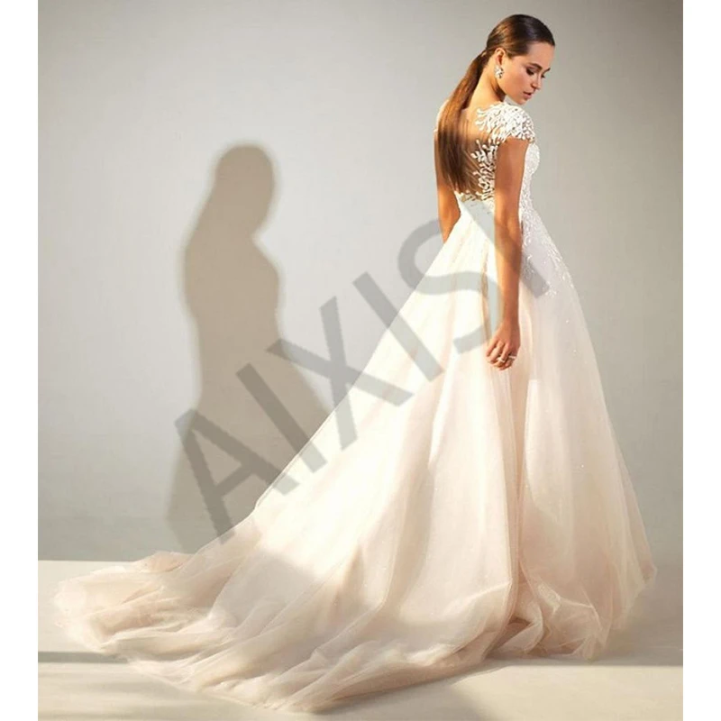 

Женское свадебное платье А-силуэта, с круглым вырезом и коротким рукавом