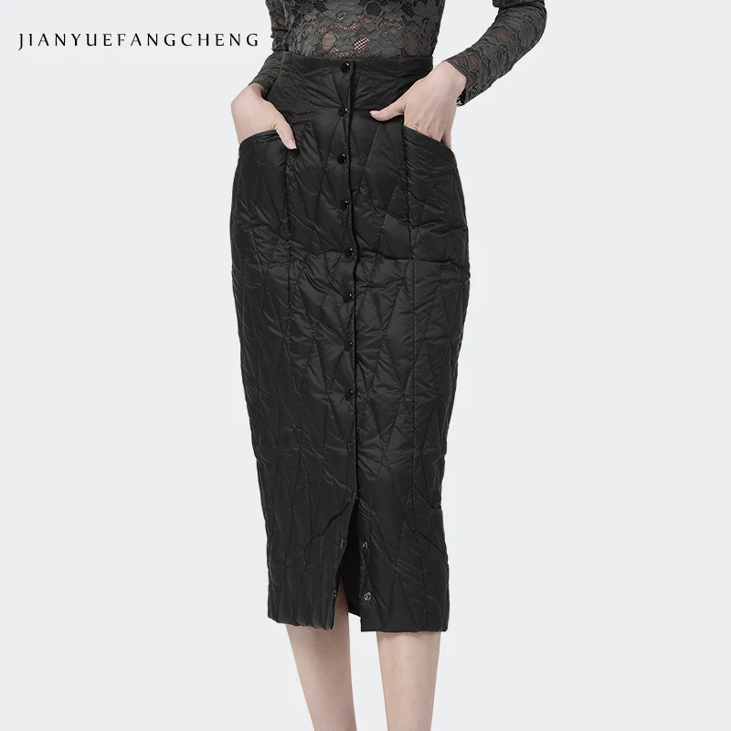 

Модная зимняя женская юбка-карандаш на пуху с завышенной талией, однобортные юбки на защелках, теплые ветрозащитные юбки на белом утином пу...