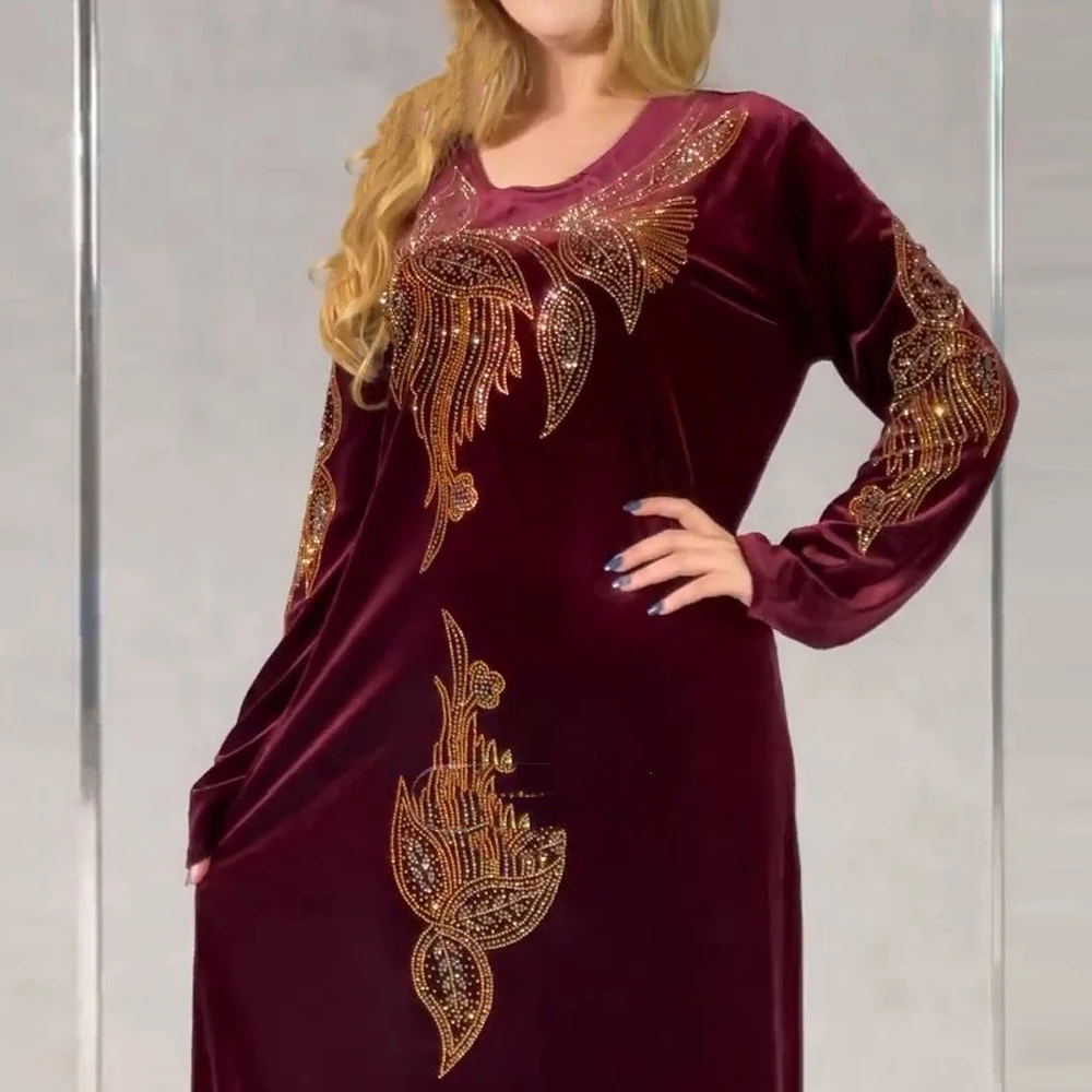 Elegant Velvet Evening Dresses for Women 2022 Winter Long Sleeve Kaftan Maxi Dress Abaya Dubai Turkey Muslim African Clothes