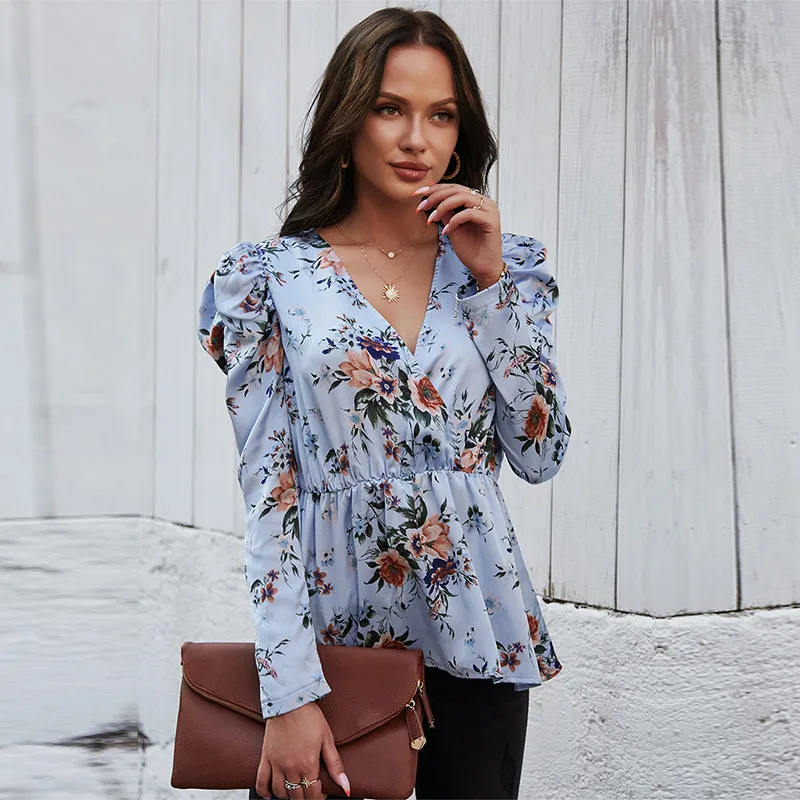 

Summer Puff Sleeve Print Blouse Women Casual Ruffles Sexy V Neck Blouse Shirt Top For Women 2021 New Fashion