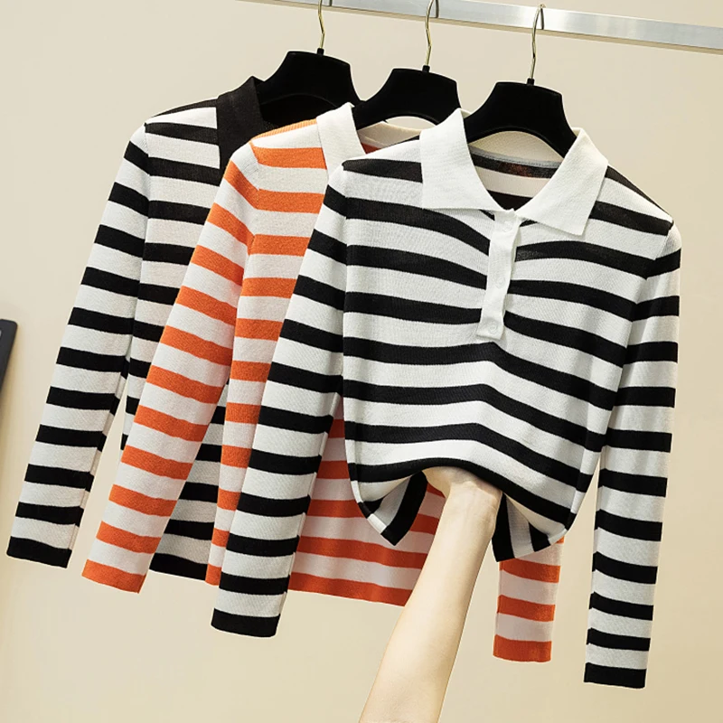 

Turn-down Collar Women Knitted Pullovers Sweater Fashion Autumn Winter Soft Jumper Korean Stripe Slim Long Sleeve Girls Tops